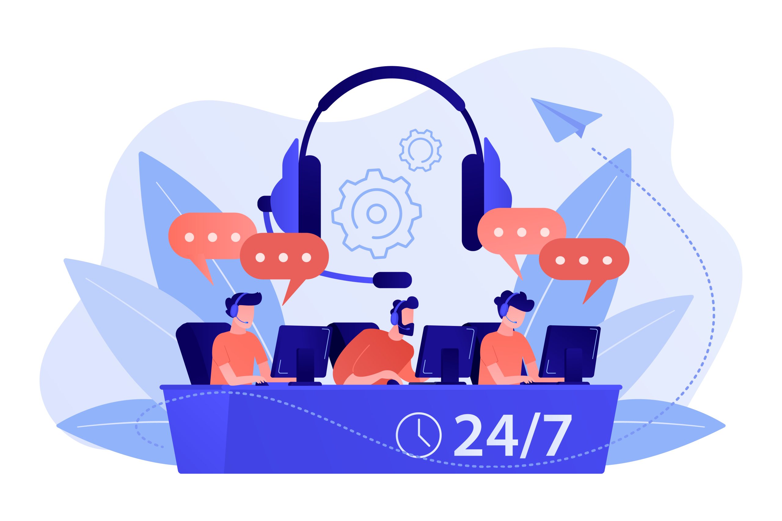 Customer service operators with headsets at computers consulting clients 24 for 7. Call center, handling call system, virtual call center concept. Pink coral blue vector isolated illustration