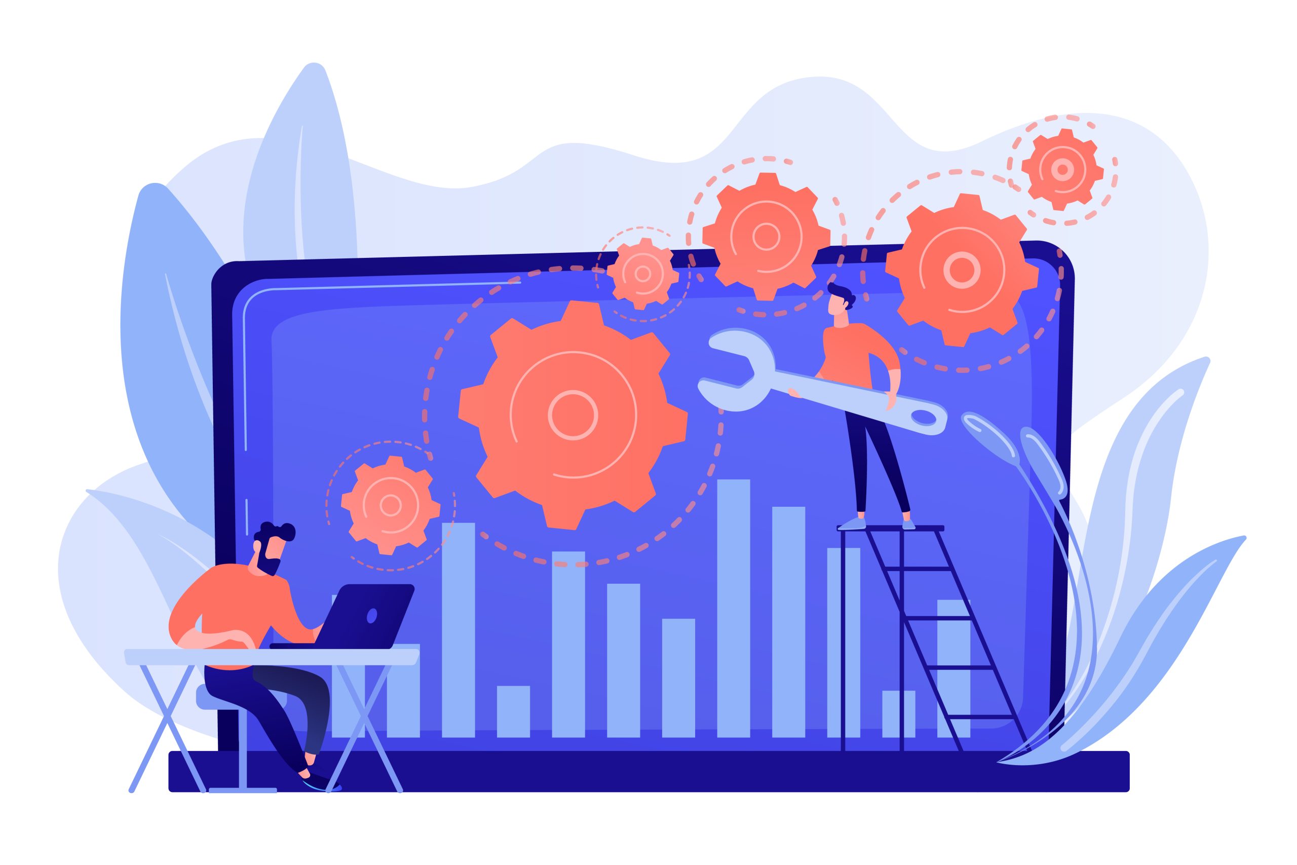 Technical support guys working on repairing a computer hardware and software. Troubleshooting, fixing problems, problem checking concept. Pinkish coral bluevector isolated illustration